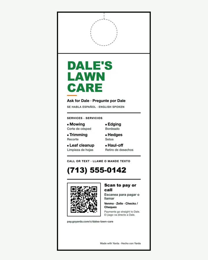 A Dale's Lawn Care door hanger with the hole guide, services, phone number and a QR code