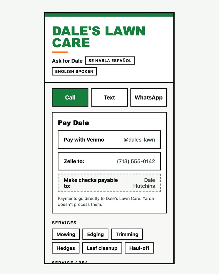 A phone showing Dale's Lawn Care page with Call, Text and WhatsApp buttons and Venmo, Zelle and check payment rows
