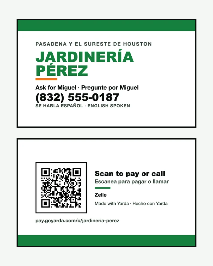 El frente y el reverso de una tarjeta de Jardinería Pérez: el nombre, el teléfono y los idiomas, y un código QR para pagar o llamar