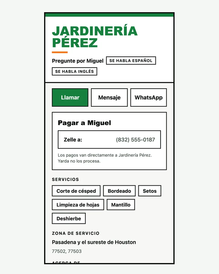 Un teléfono con la página de Jardinería Pérez: botones de llamar, mensaje y WhatsApp y filas para pagar con Zelle y Cash App